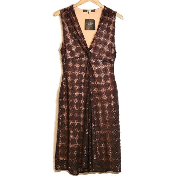 Eva Franco V Neck Sleeveless Lace Overlay Brown A Line Midi Dress Size 6 - Picture 16 of 16